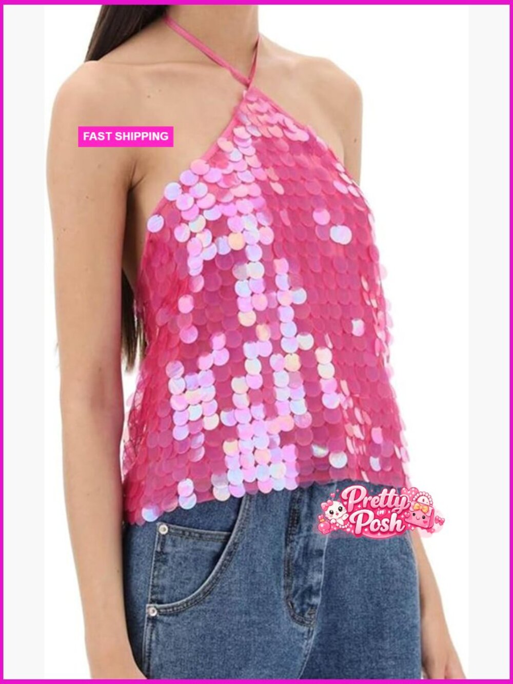 Sequin Halter Crop Top Y2K Coquette Glitter Backless Tie Up Cami Tank Rave